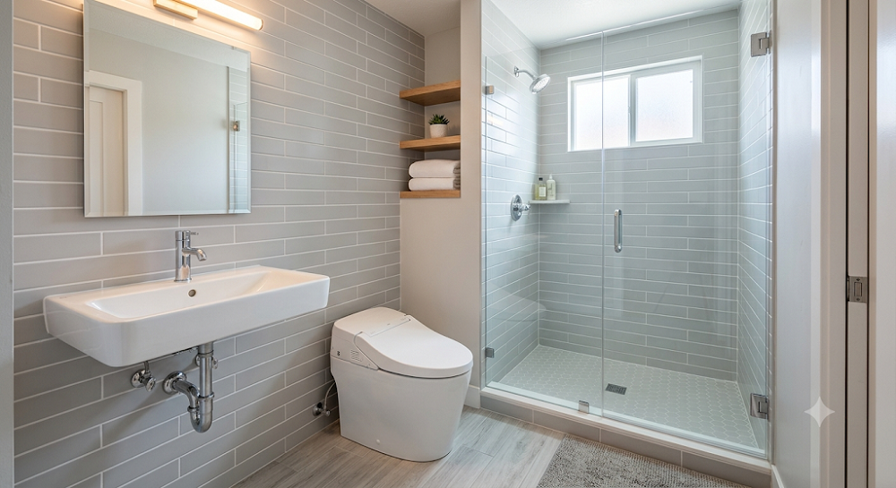 A modern small bathroom featuring space-saving fixtures including a wall-mounted sink, a compact smart toilet, and a glass-enclosed walk-in shower. The grey subway tile walls, wood plank flooring, and open shelving create a functional and stylish layout with visible plumbing connections