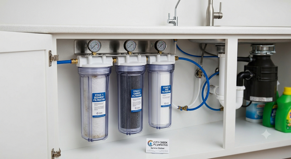A three-stage water filtration system is installed under a kitchen sink. The system features three blue canisters with clear housings that show the different filter elements inside and the City Creek Plumbing logo on a service sticker in the foreground