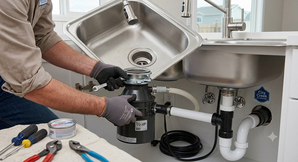 A professional plumber from City Creek Plumbing mounts a new half-horsepower garbage disposal unit underneath a kitchen sink during an installation in Layton, Utah. Tools, sealant, and drainage pipes are neatly arranged in the open cabinet as the technician secures the mounting assembly