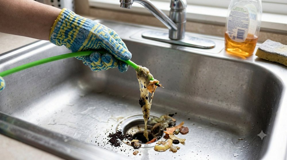 A close-up photograph of a hand using a flexible drain snake to remove a dense build-up of food waste and slime from a stainless steel kitchen sink drain. This clear image illustrates the physical material that can block a kitchen drain and cause plumbing issues